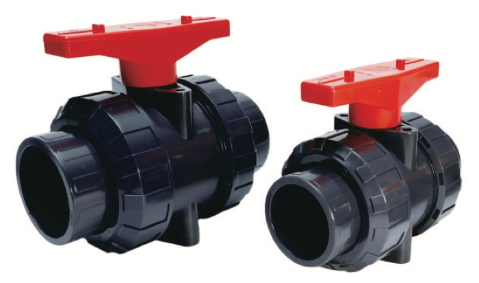 Double union PVC ball valves with red handles